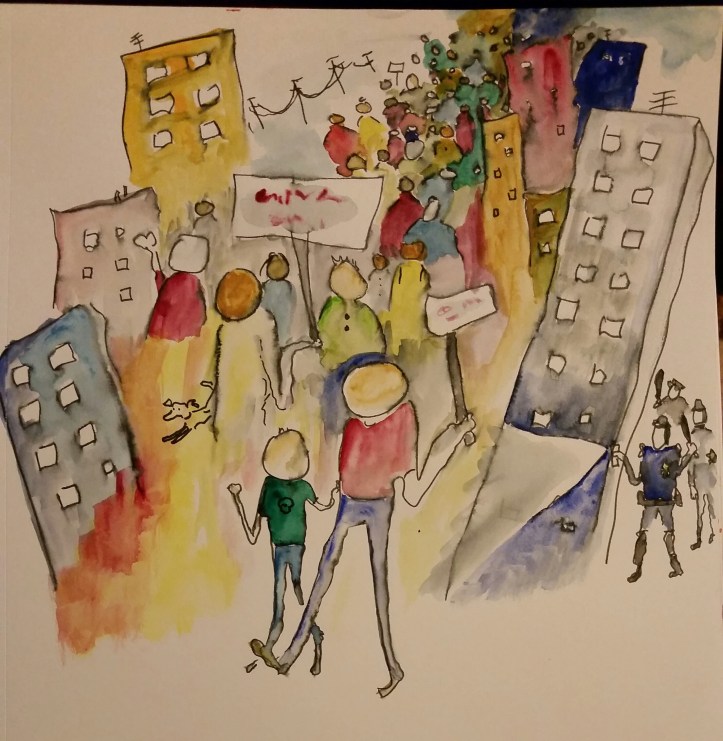 Street Demo with Cops Gouache, ink and Watercolor By Cat Jones 
