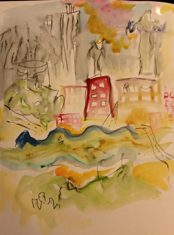 Albany on the Hudson Gouache,watercolor, and ink By Cat Jones 