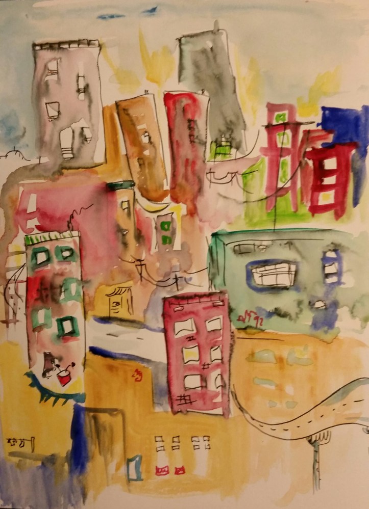 Old Neighborhood Gouache and Watercolor By Cat Jones 