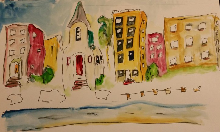 Berkshire Village Watercolor, gouache, ink By Cat Jones 