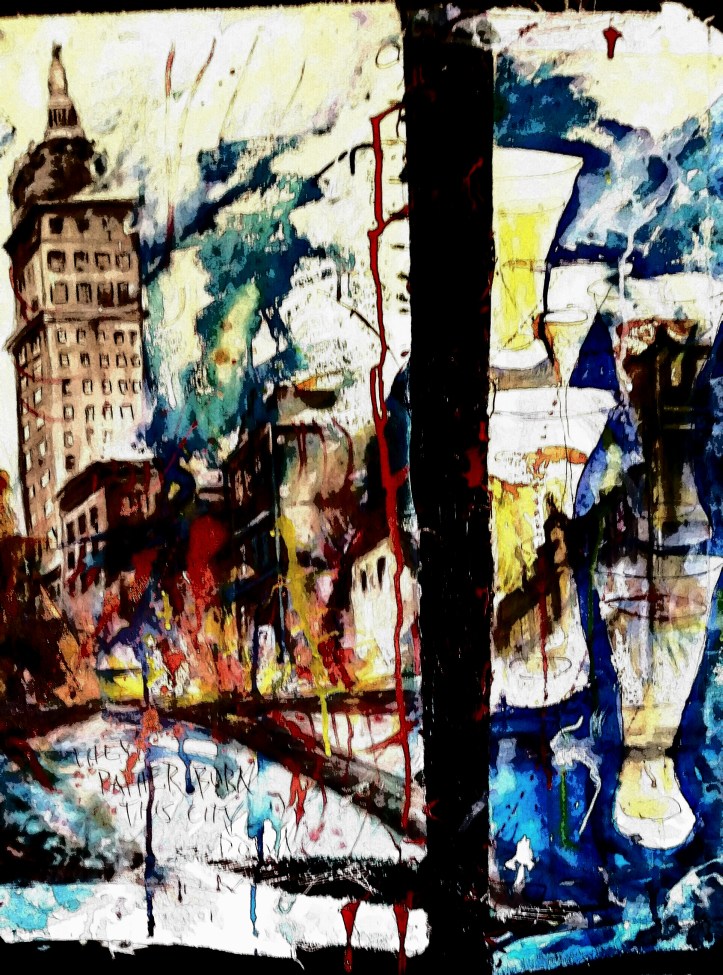 They'd Rather Burn This City Down 22"x28" Oil, Acrylic, Ink, and Canvas on Canvas By Cat Jones 